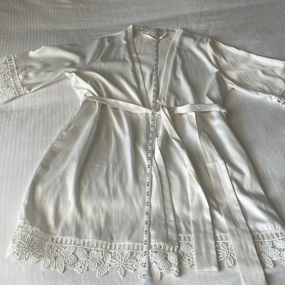 White Sateen Robe with Lace Trim Bridal Getting Ready Bride - Picture 8 of 9
